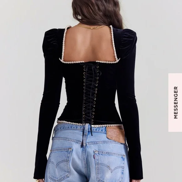 House of CB Black Velvet Top with Cream Trim - Picture 2 of 7